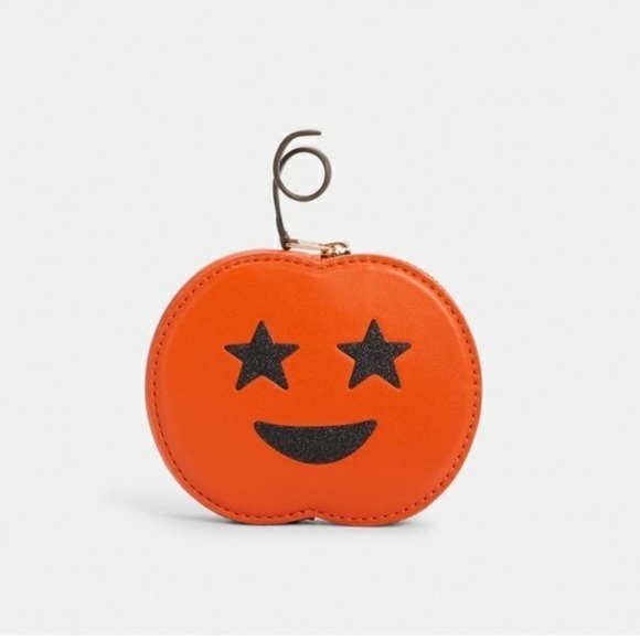 Coach Pumpkin Jack O Lantern Coin Case Purse Orange Star Eyed Leather NWT - Picture 1 of 5